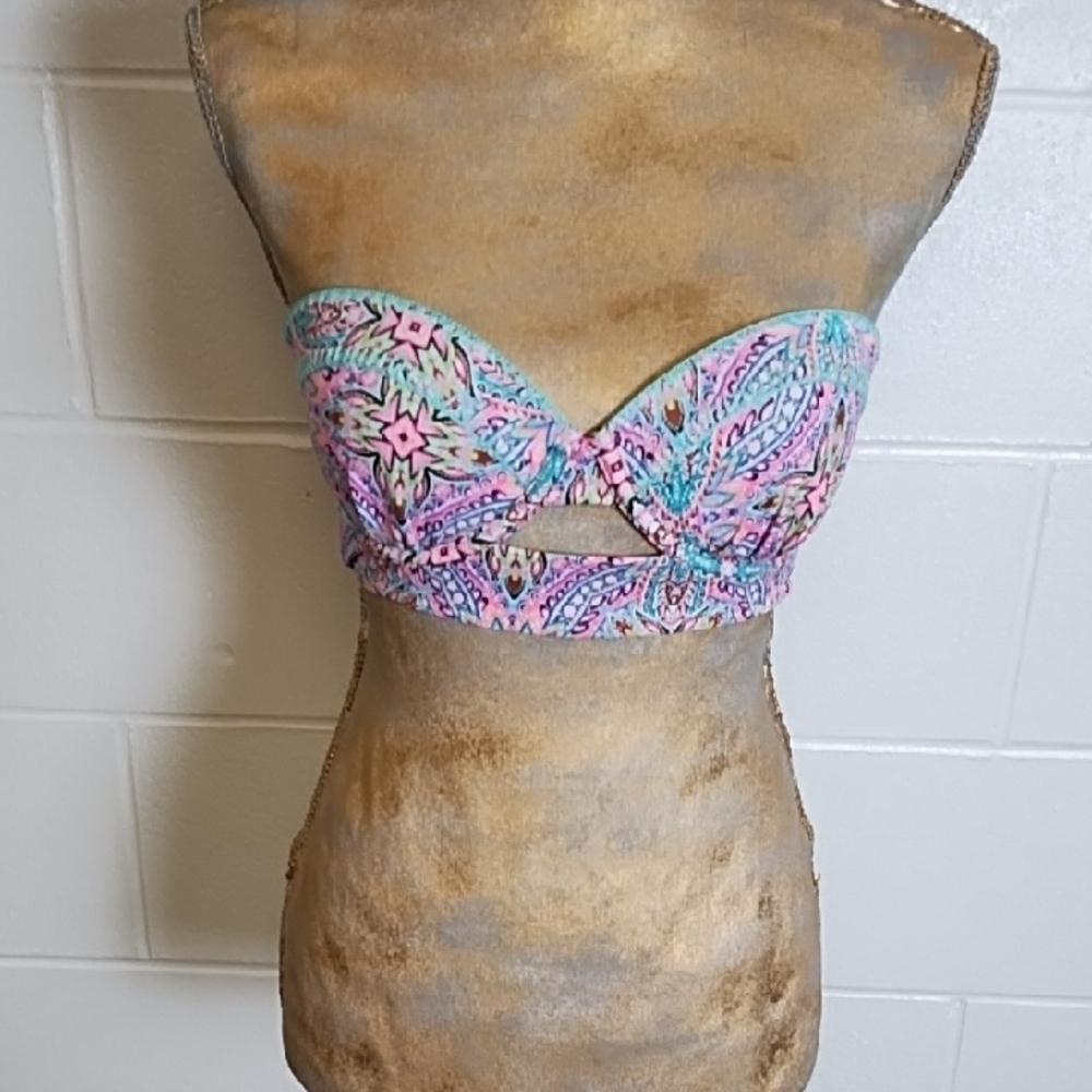 Strapless Paisley Bikini Top Turquoise Details stitching